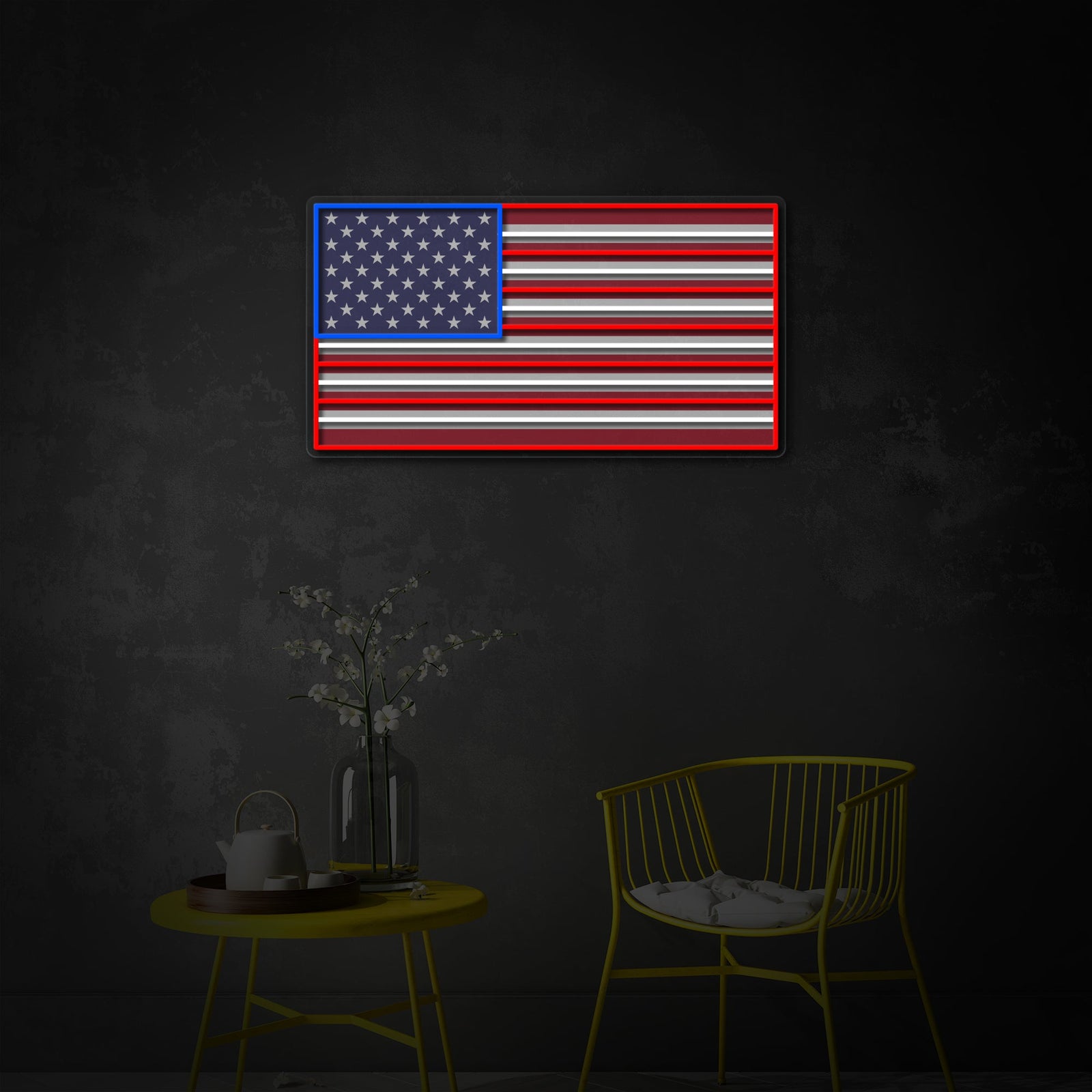 A stylized, glowing USA flag graphic displayed as modern neon wall decor in an idealized, contemporary room setting.