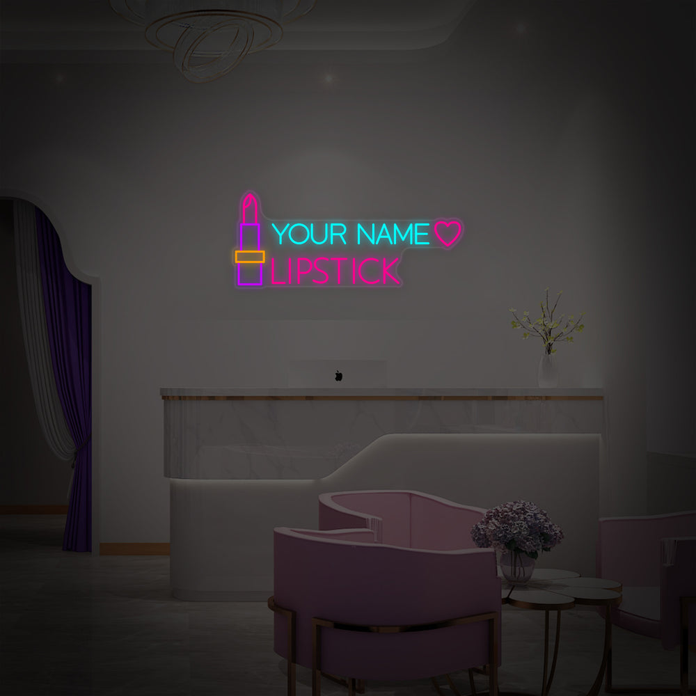 Detailed product shot of a custom text lipstick neon sign against a plain wall.