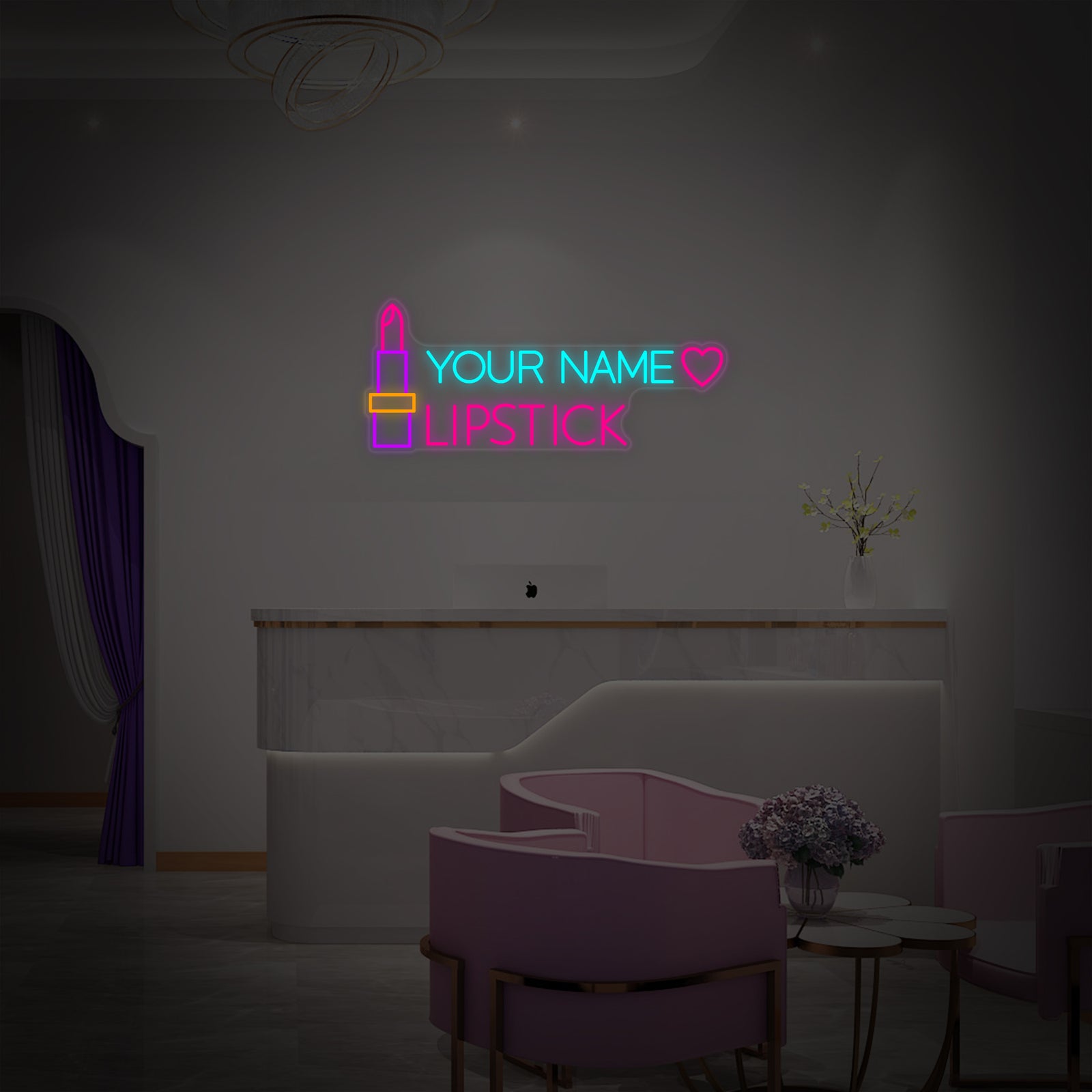 Detailed product shot of a custom text lipstick neon sign against a plain wall.