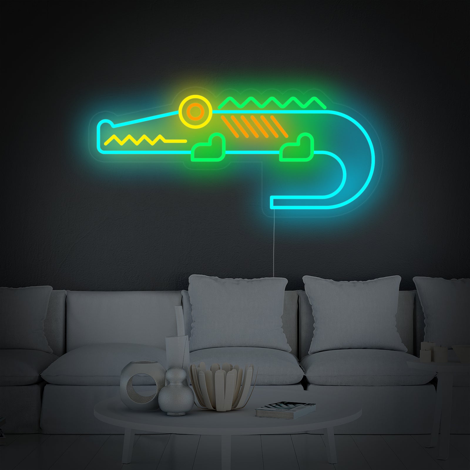A bright, stylized 'Cute Crocodile' neon sign in green and yellow hues, glowing against a textured wall.