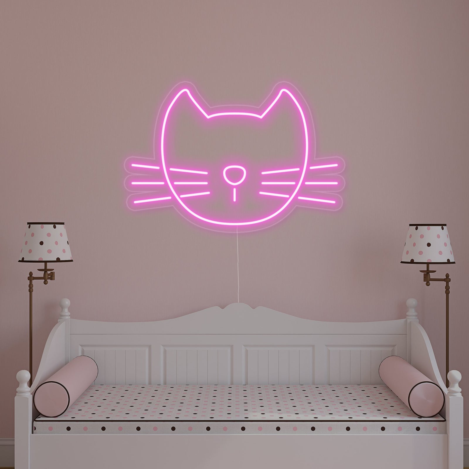 A glowing pink cat neon wall sign, depicted against a blurred interior wall background, showcasing its vibrant and detailed design.