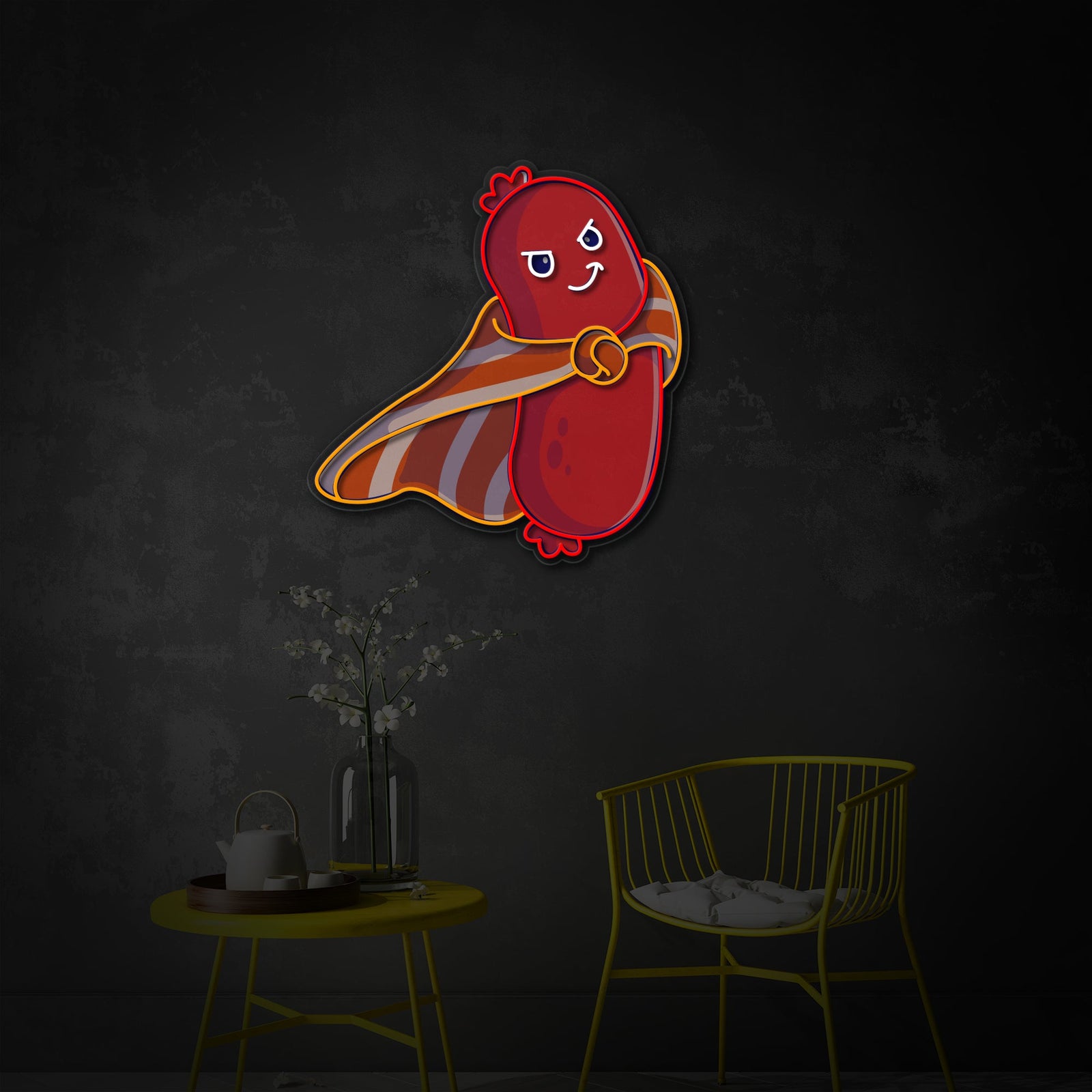 Close-up of the sausage superhero graphic on a glowing UV print neon sign display.