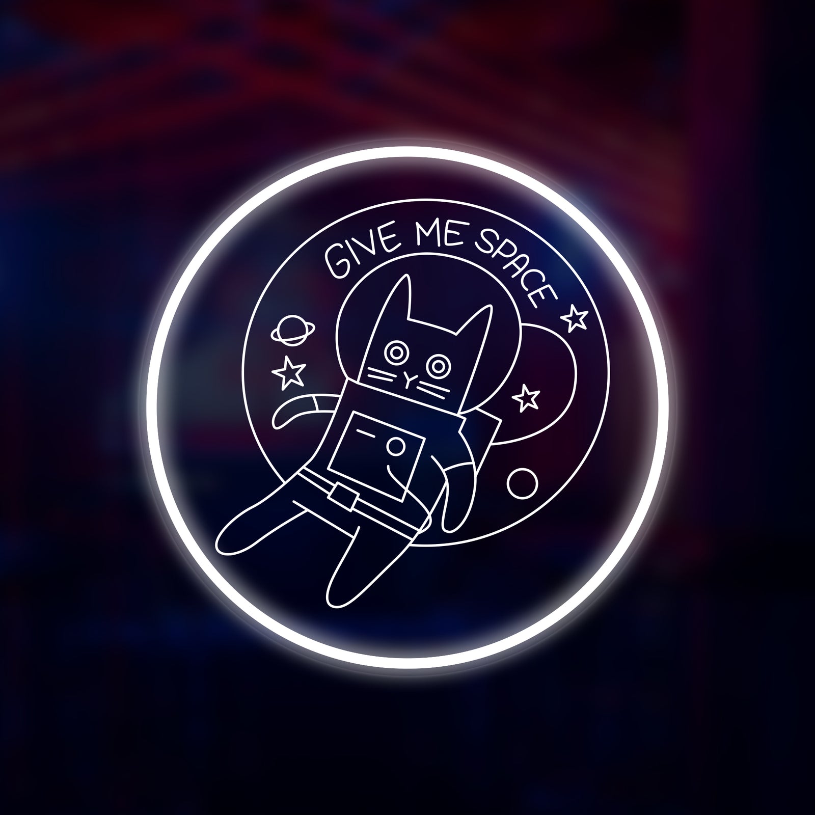Digital illustration of 'Cute Space Cat Give Me Space' mini neon sign graphic