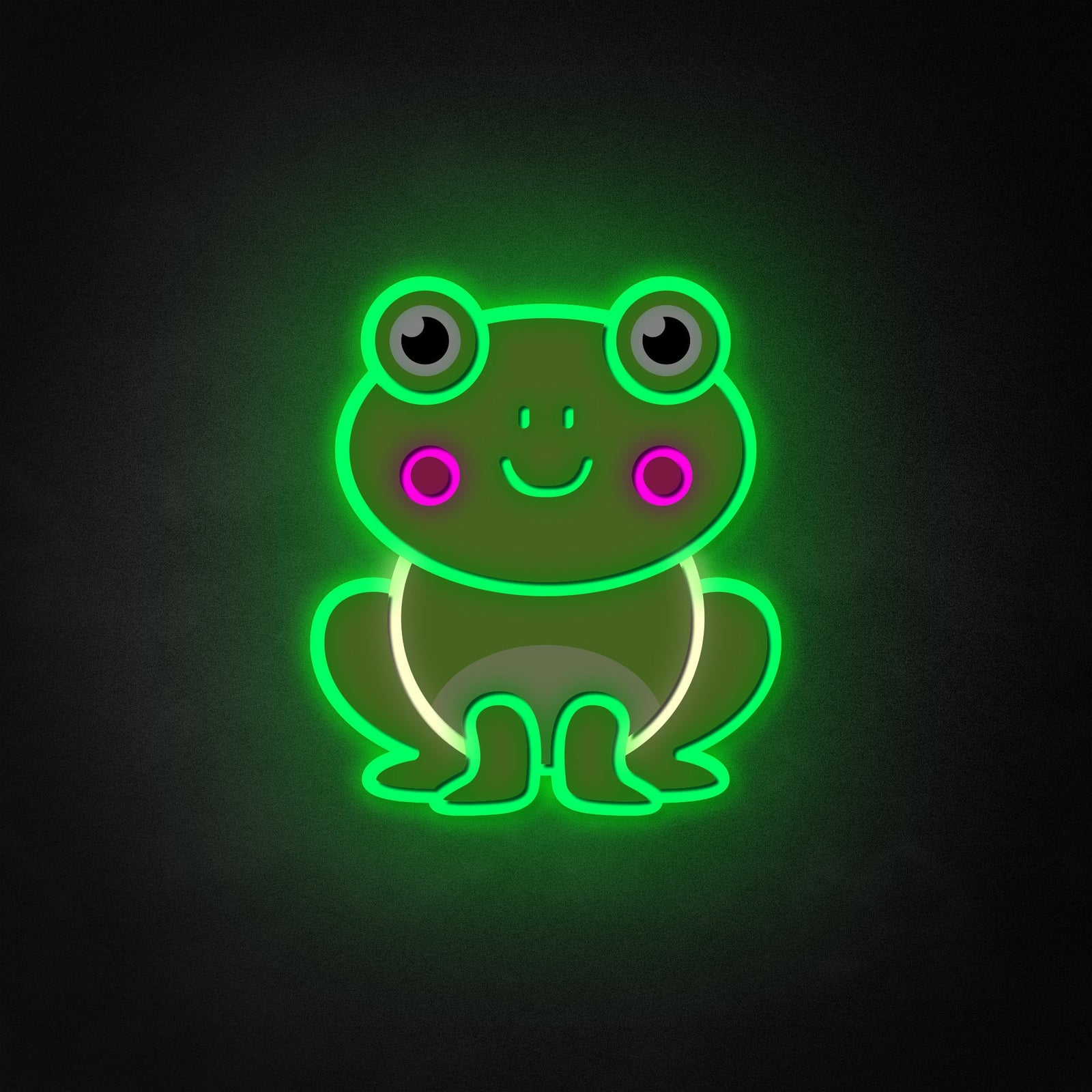 Cute green frog illustration rendered as a glowing neon-style outline sign on a textured grey background.