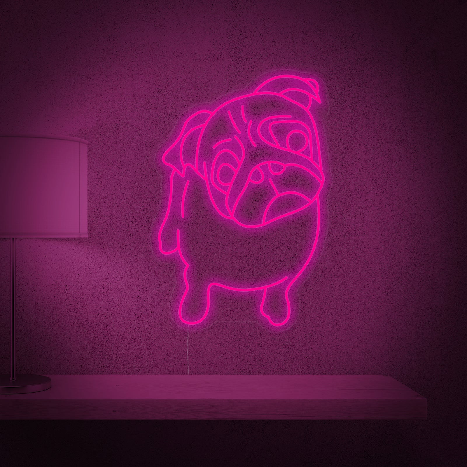 Illuminated white 'Cute Puppy' dog face neon sign against a simple light-colored wall with visible power cord and mounting hardware.