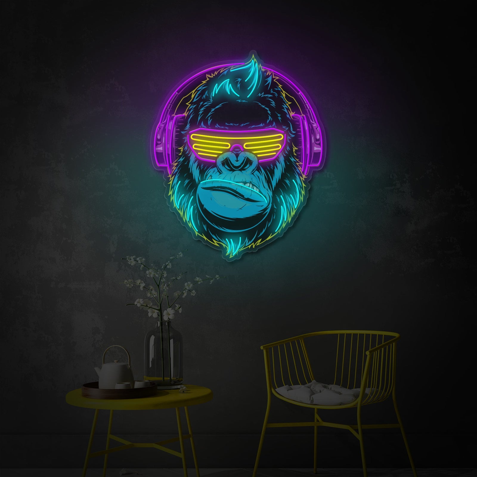 A close-up view of the Cyberpunk Monkey neon wall decor, showing the detailed UV printed ape graphic and the vibrant glow of the surrounding neon tubing, mounted on a dark textured wall next to a modern gaming desk.