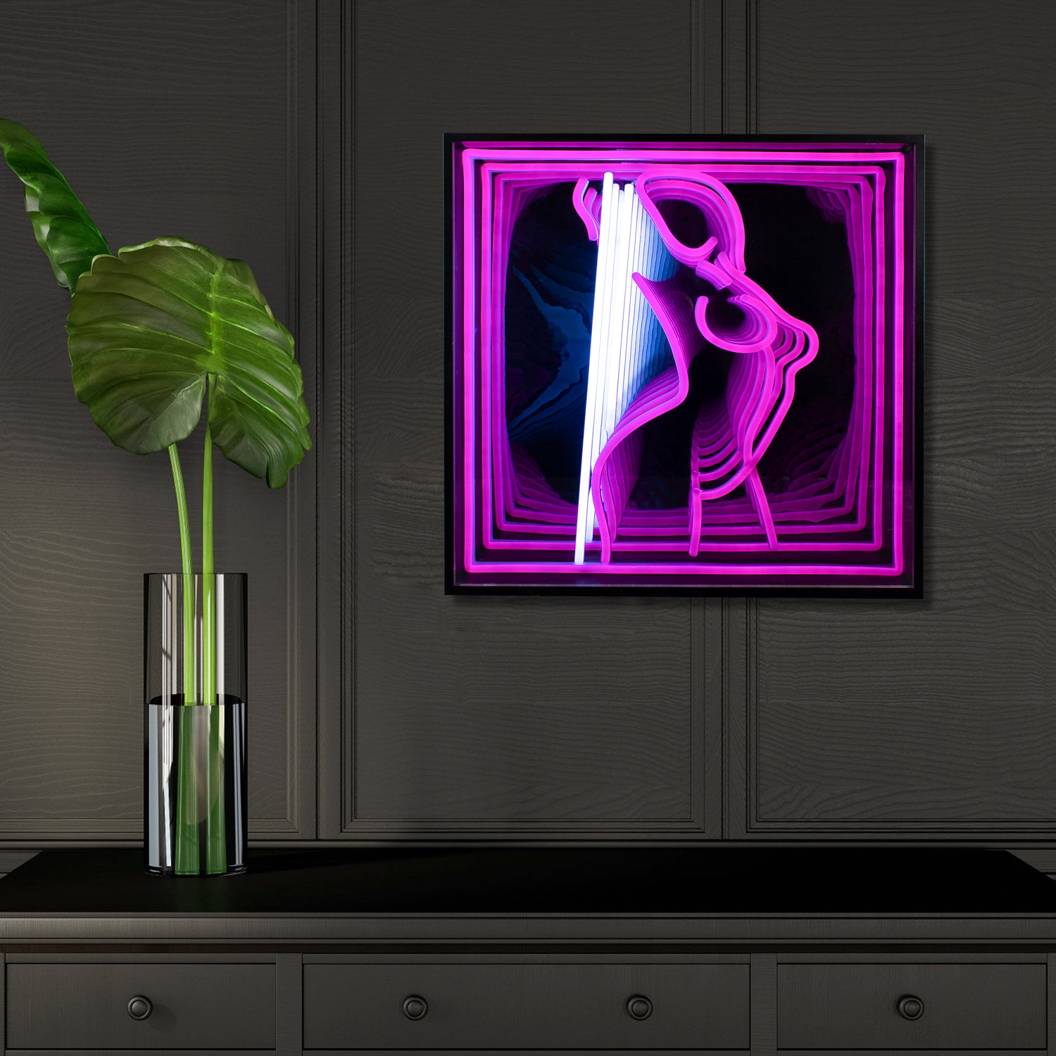 Detailed side angle of the illuminated Dancing Girl 3D Infinity Neon Sign, emphasizing the visual depth and the layering of the reflective figure.