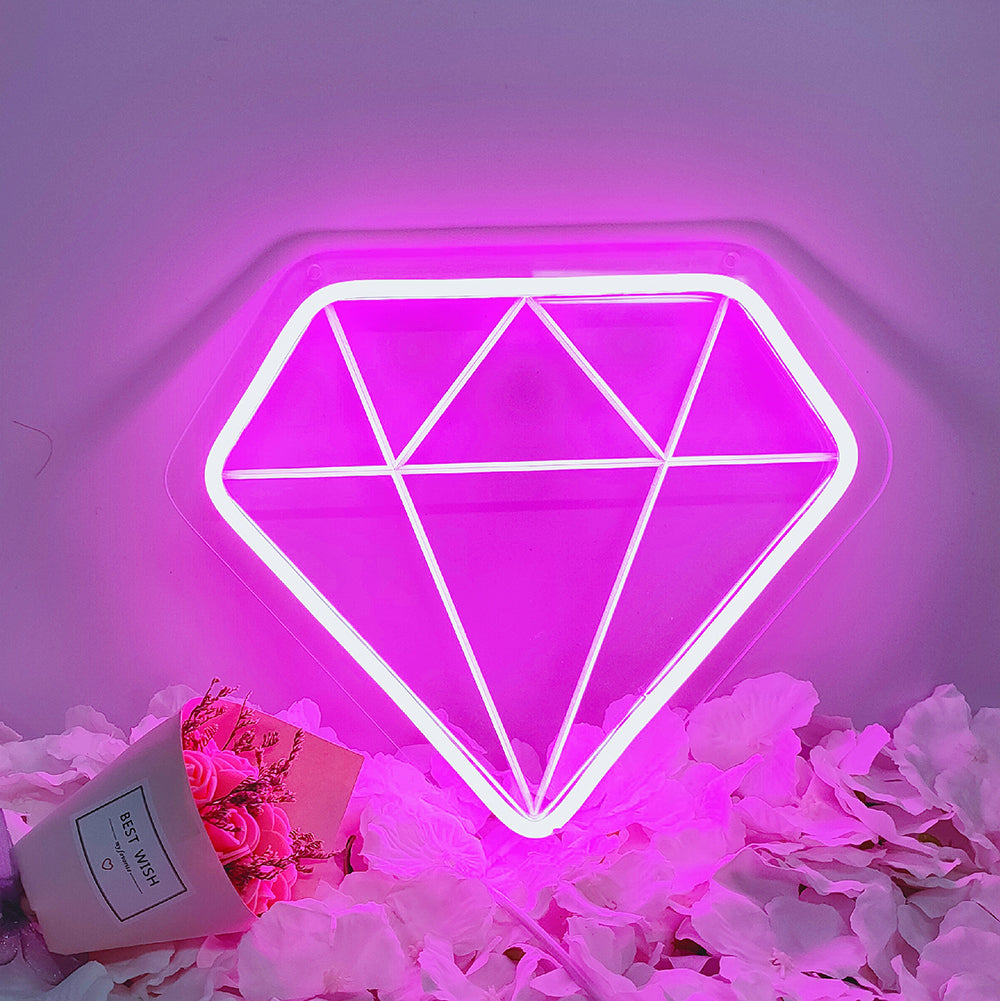 Dimmable Diamond shaped mini neon sign glowing softly on a clear acrylic backing.
