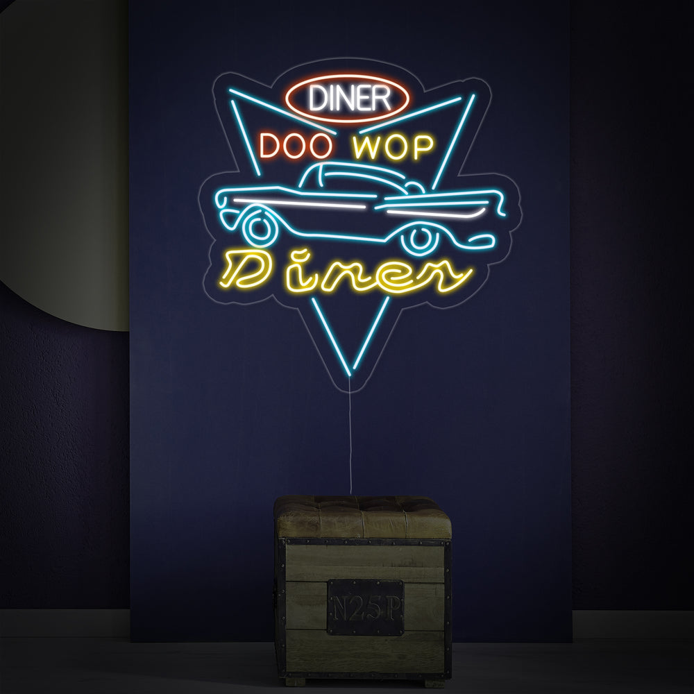 Close up of the red DINER DRIVE THROUGH Neon Sign showing details of the glowing tubing and backing