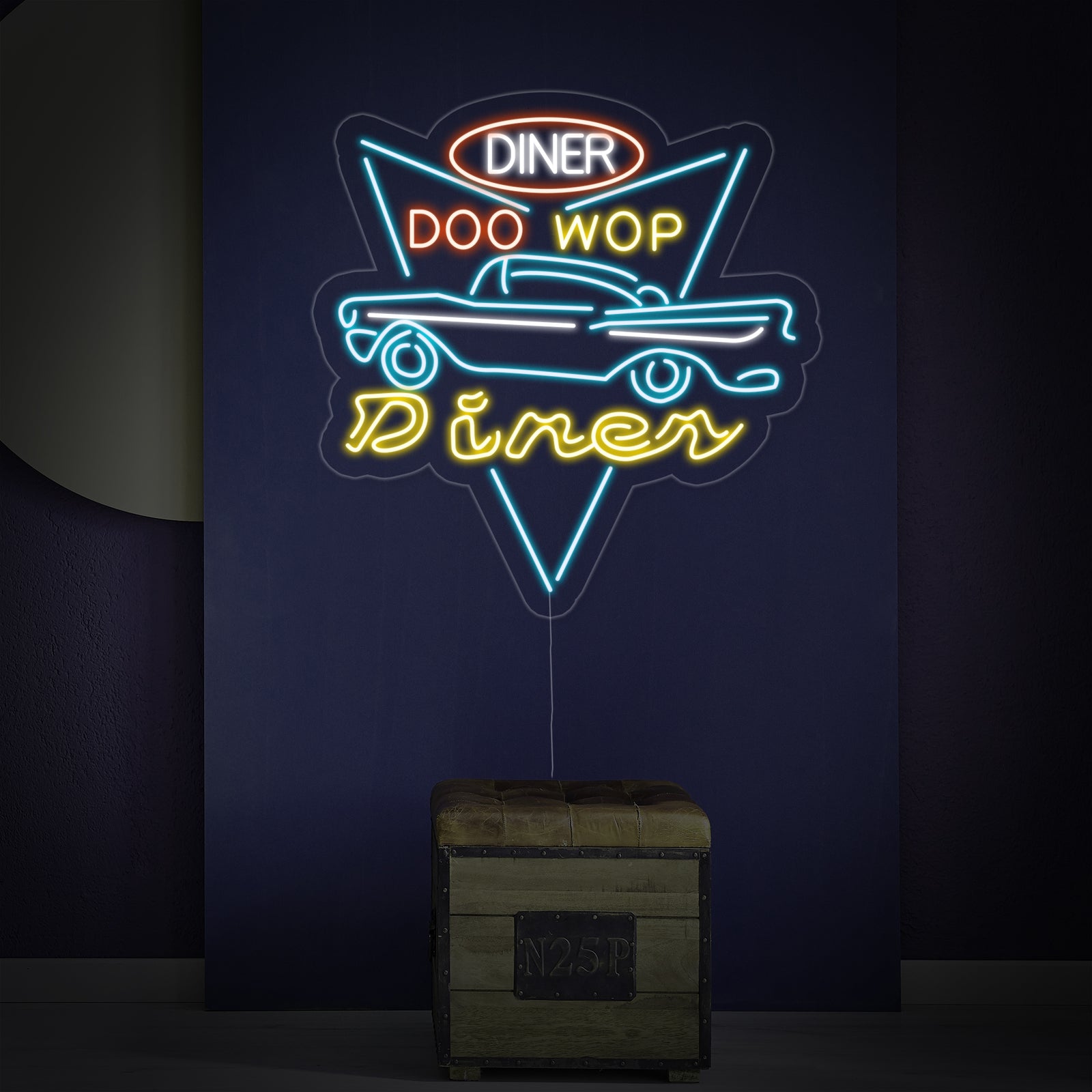 Close up of the red DINER DRIVE THROUGH Neon Sign showing details of the glowing tubing and backing