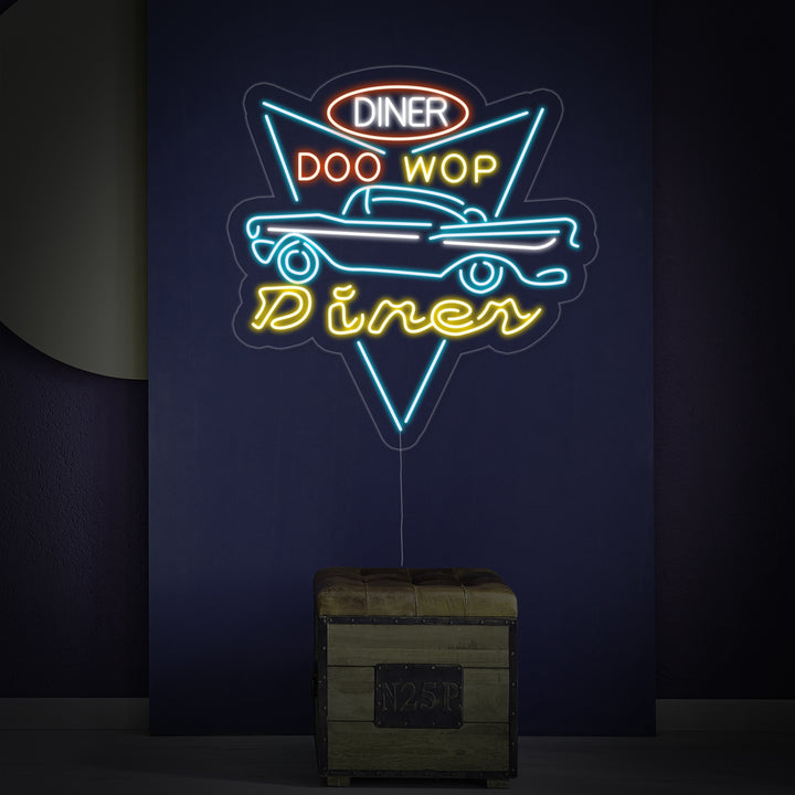 Close up of the red DINER DRIVE THROUGH Neon Sign showing details of the glowing tubing and backing