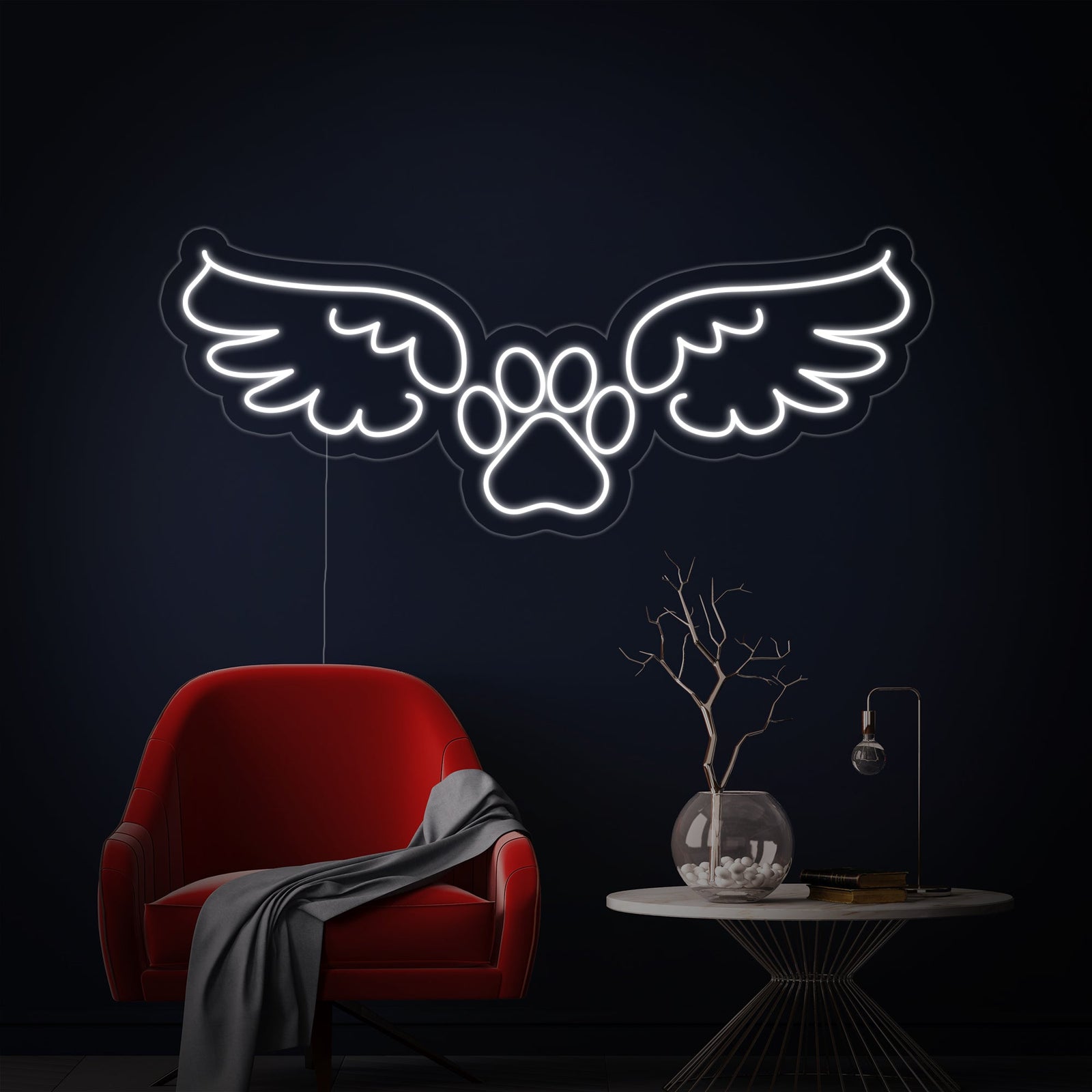 A direct studio product shot of the Dog Angel Wings neon sign on a simple backboard, showcasing the detailed canine silhouette and wing design when illuminated.