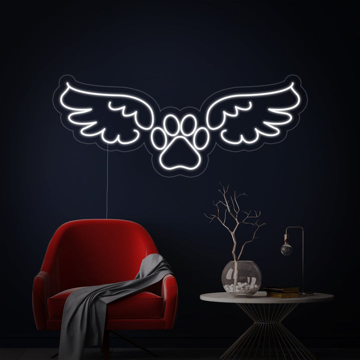 A direct studio product shot of the Dog Angel Wings neon sign on a simple backboard, showcasing the detailed canine silhouette and wing design when illuminated.