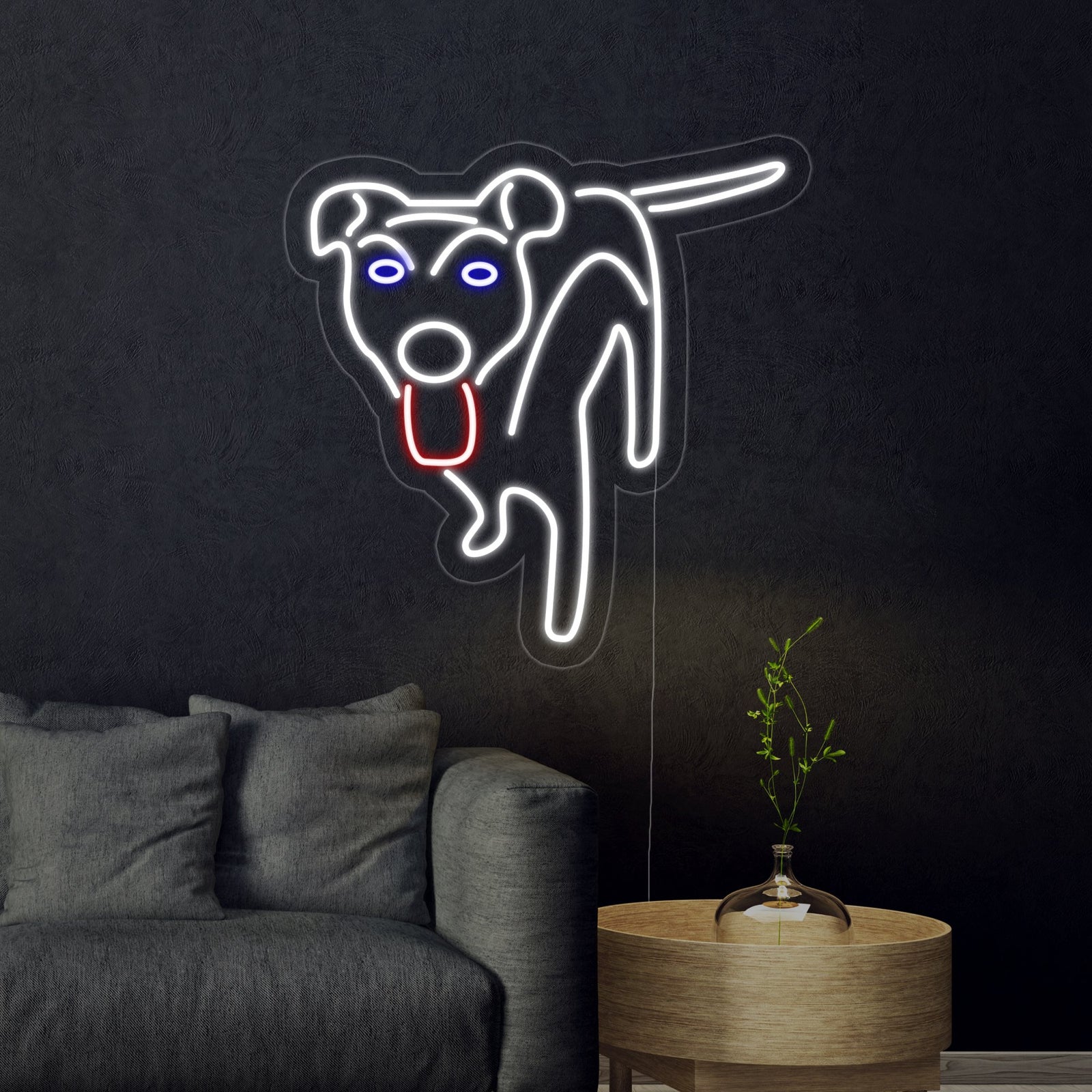 A glowing 'Dog Logo' neon sign featuring a happy dog outline, mounted on a clear acrylic backing and displayed against a dark blue textured wall.