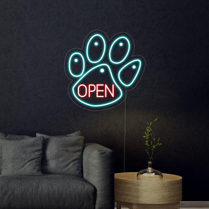Close-up of "Dog Open" Neon Sign hanging above storefront entrance