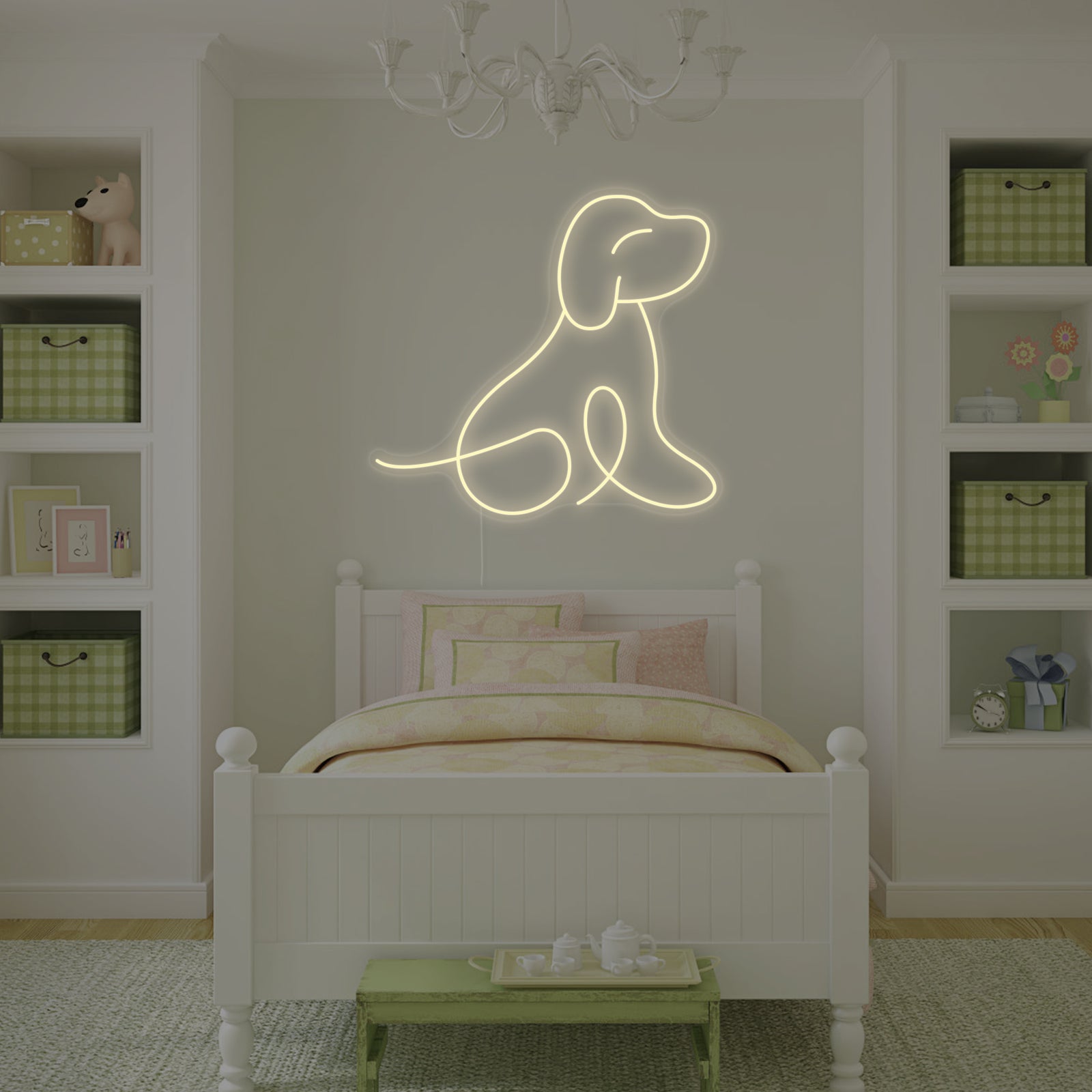 Dog Puppy Neon Sign illuminated on a dark wall.