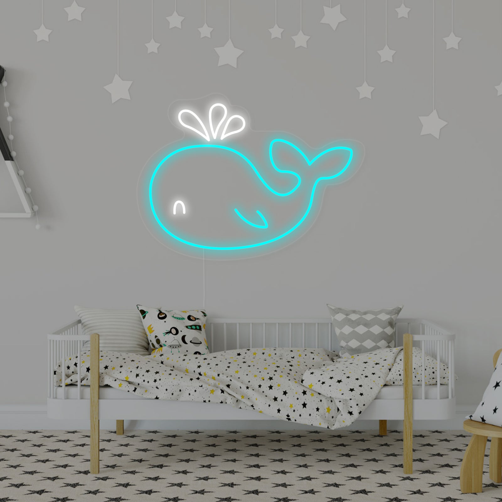 A bright blue, friendly dolphin-shaped neon sign against a simple light background, illuminated with small stars integrated into the design