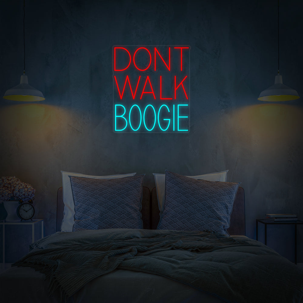 A digital mockup image displaying the 'Dont Walk Boogie' neon sign glowing above a bed, showcasing the design concept.