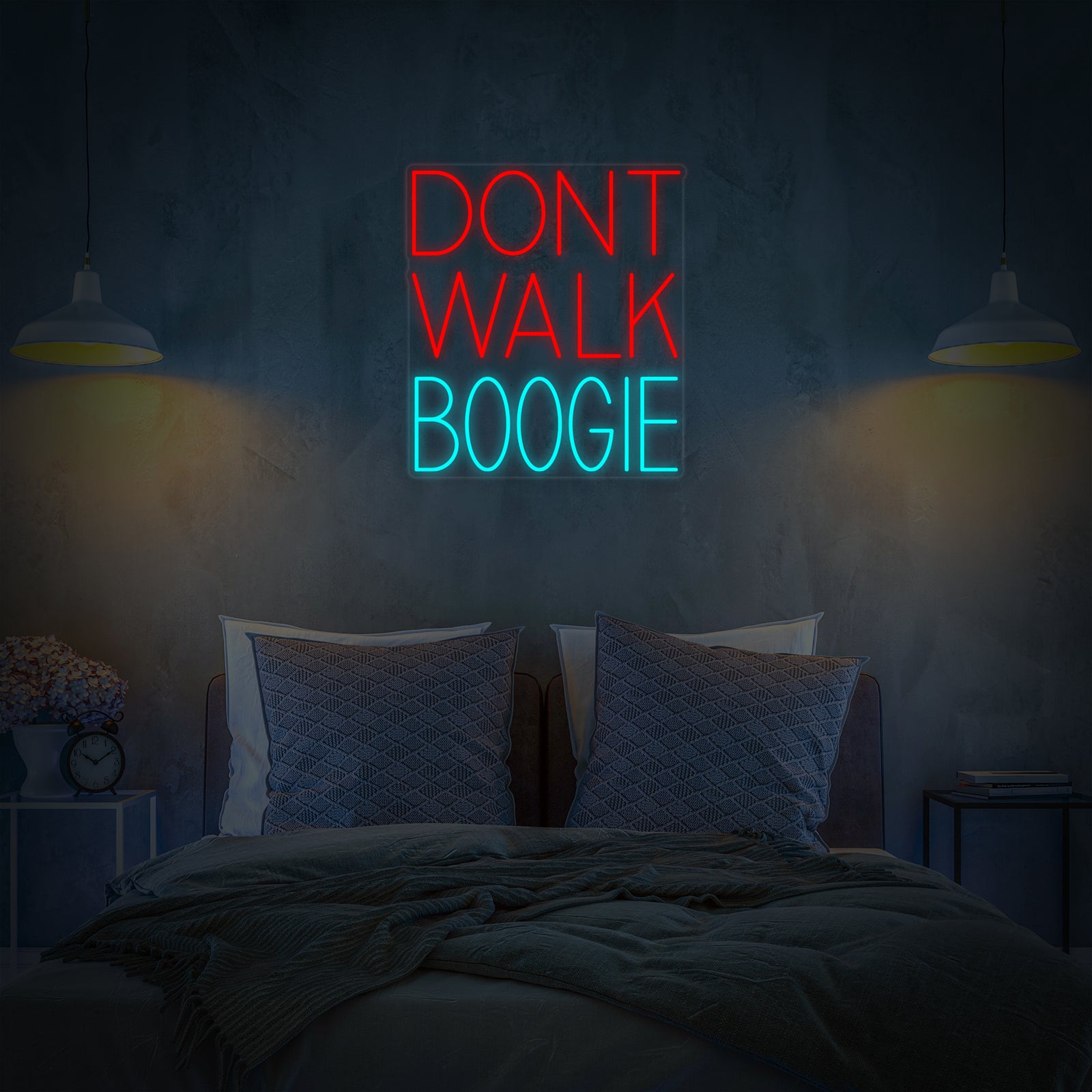 A digital mockup image displaying the 'Dont Walk Boogie' neon sign glowing above a bed, showcasing the design concept.