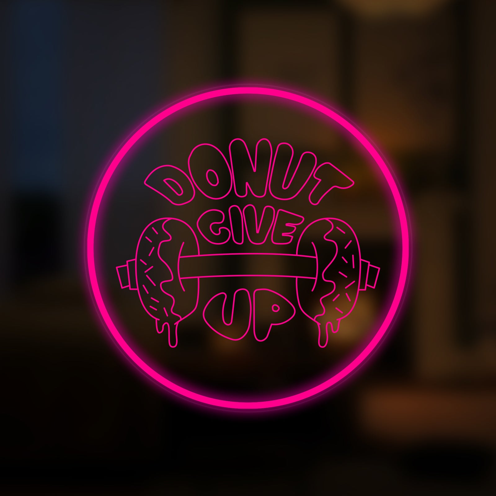 Mini neon sign on clear acrylic with illuminated donut graphic and 'DONUT GIVE UP' text.