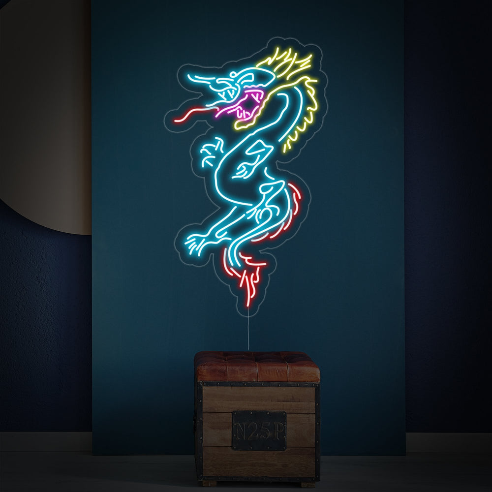 A glowing red and yellow neon sign depicting a traditional Chinese dragon flying upwards, set against a blurred background of an Asian-style room at night.