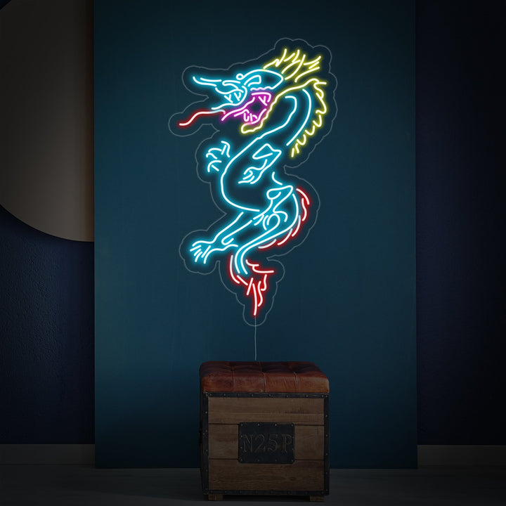 A glowing red and yellow neon sign depicting a traditional Chinese dragon flying upwards, set against a blurred background of an Asian-style room at night.