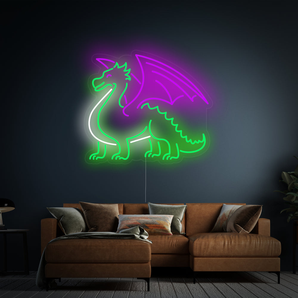 Dragon with wings neon sign glowing bright red on a rustic stone wall in a modern room.
