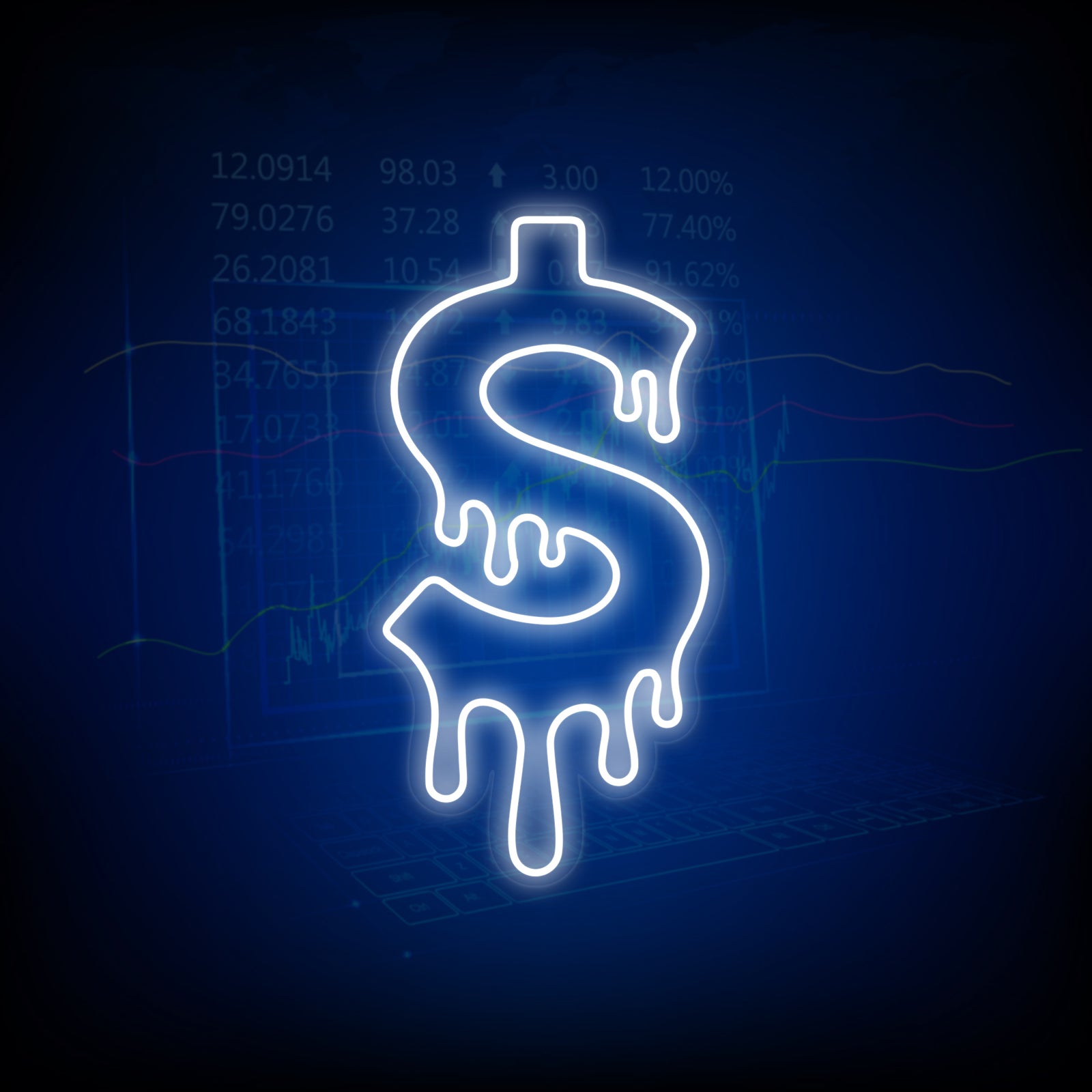 A flat digital graphic illustration of a melting dollar sign with a soft neon glow effect against a backdrop of complex stock market line charts and financial data.