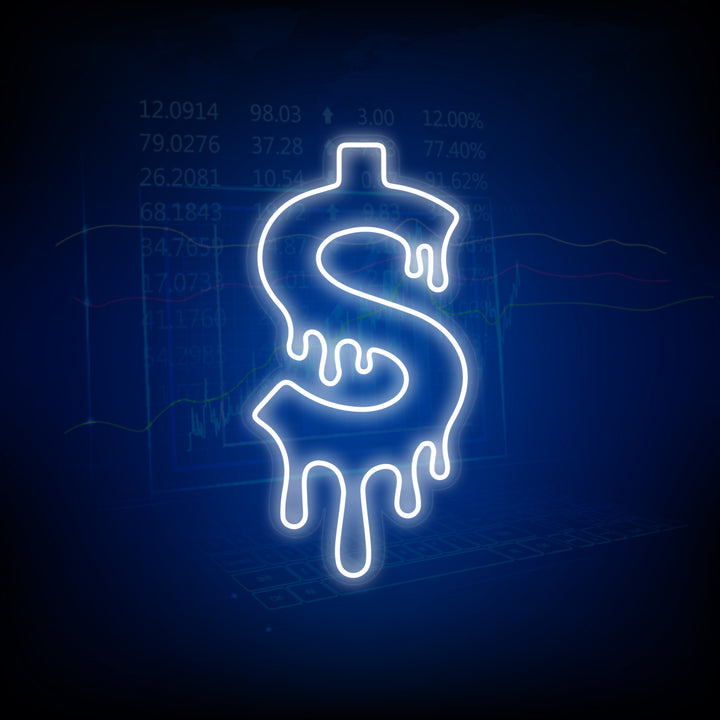 A flat digital graphic illustration of a melting dollar sign with a soft neon glow effect against a backdrop of complex stock market line charts and financial data.