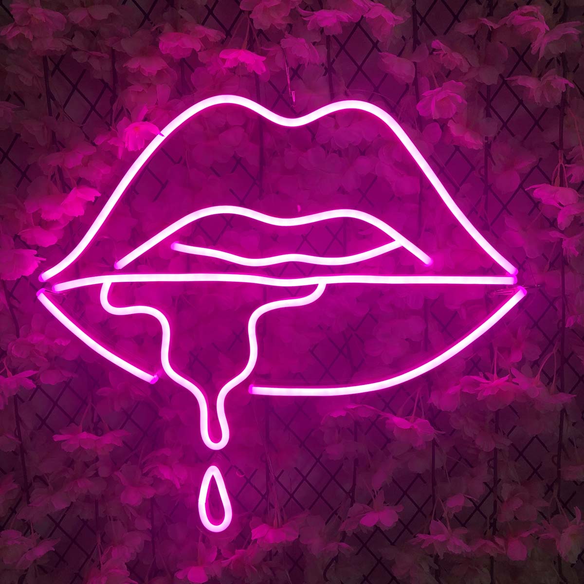 A vibrant 'Dripping Lips' neon sign glowing red on a floral wire grid background, showing the artistic design, physical tubing, and mounting.
