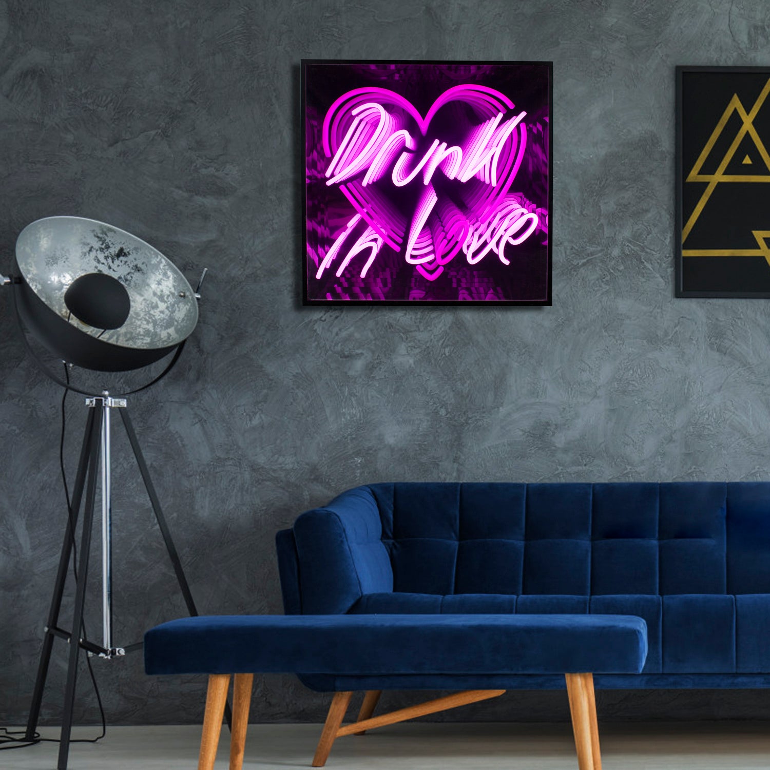 A stunning infinity mirror neon sign with the words 'Drunk in Love' in a glowing LED neon font.