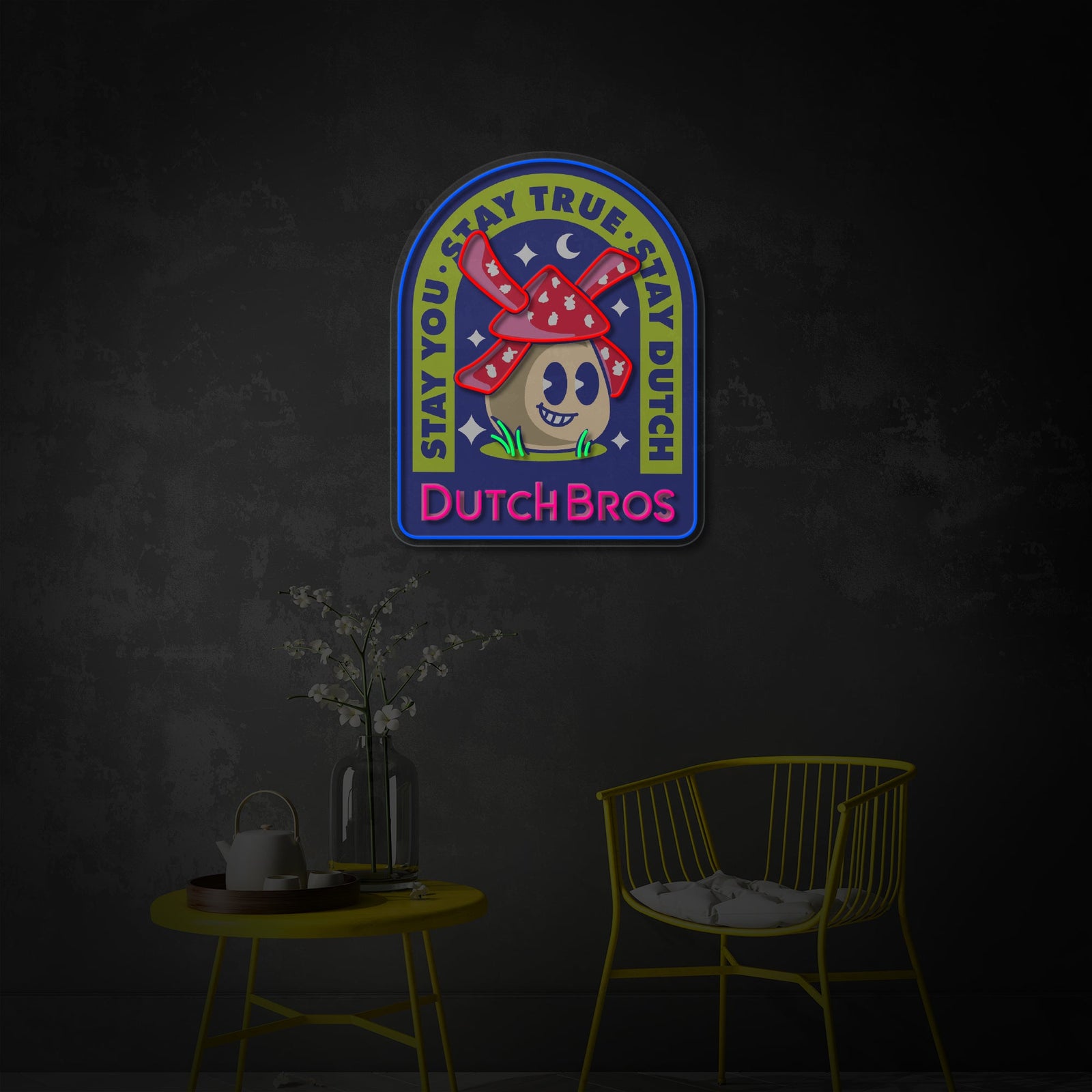 A physical representation of the illuminated Dutch Coffee UV Print Neon Sign mounted on a textured brick wall in a cozy cafe setting.