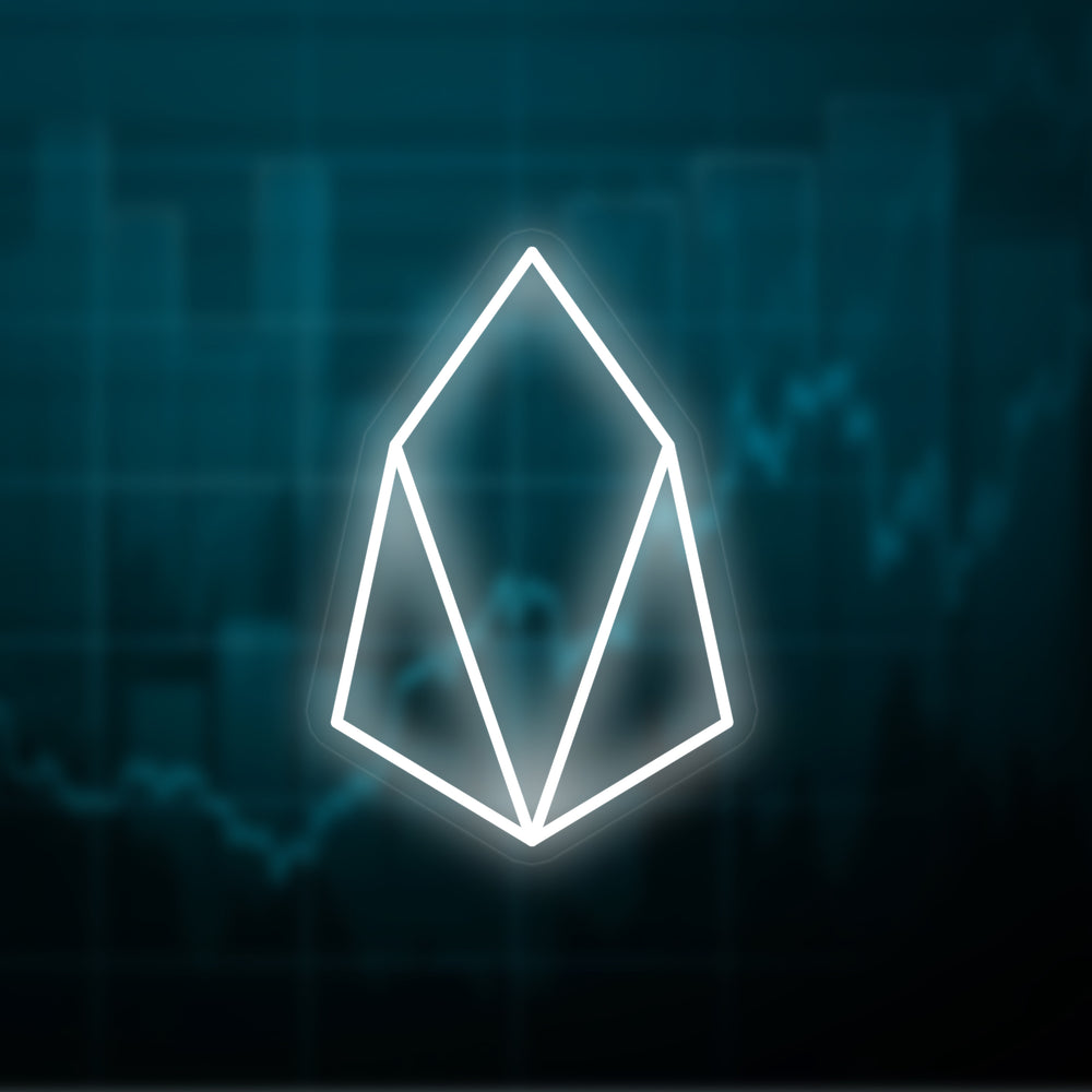 Digital illustration of an EOS Coin neon sign, featuring the white and grey EOS symbol and text, overlaid on a blurred background showing stock market charts.