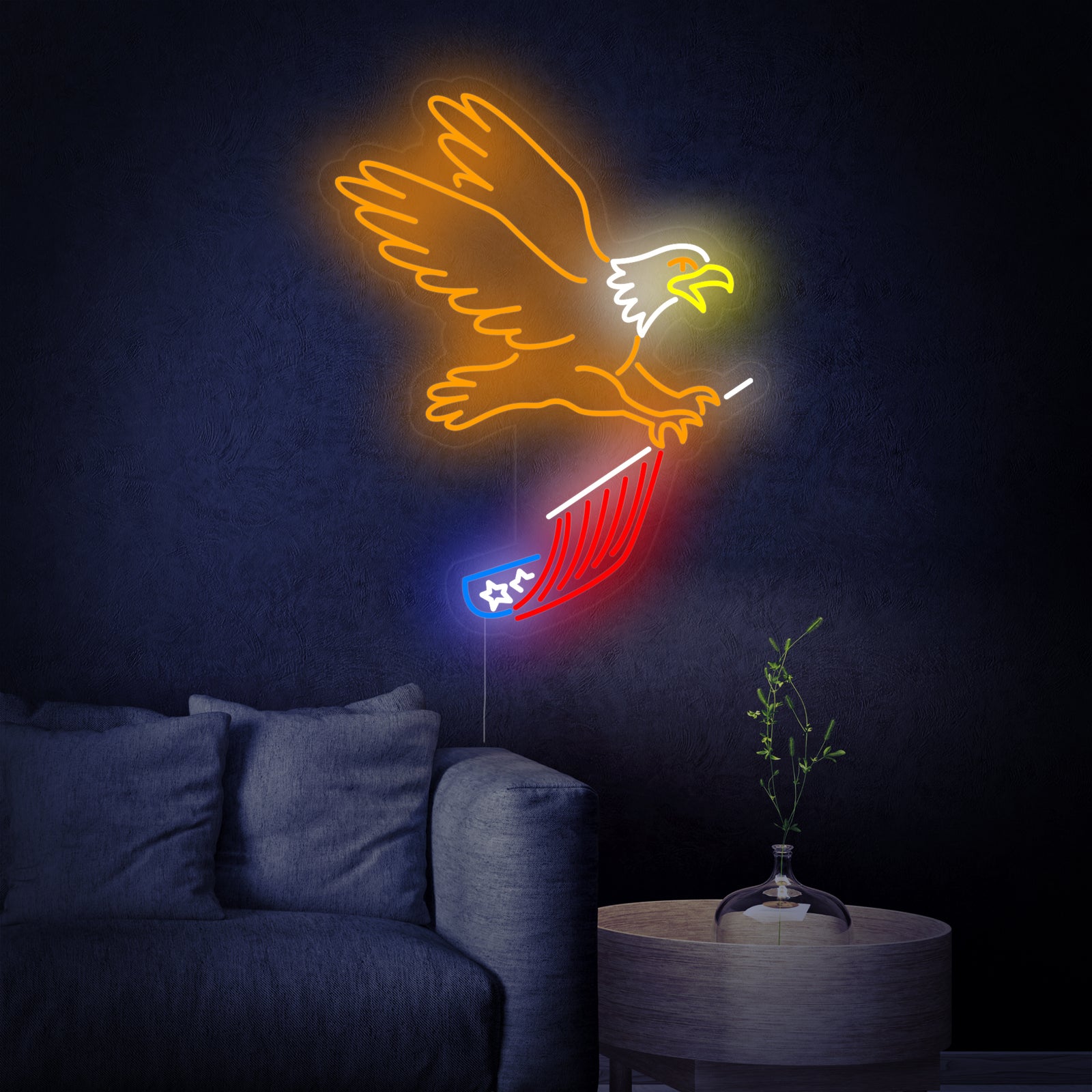 A detailed view of the Eagle Flying and USA Flag neon sign with a clear acrylic backing, showing white, blue, and red neon colors and visible power cords.