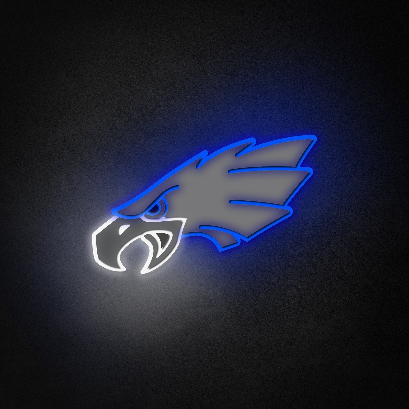 A graphic representation of an Eagle Head neon sign with rich detail and sculpted layers against a textured wall.