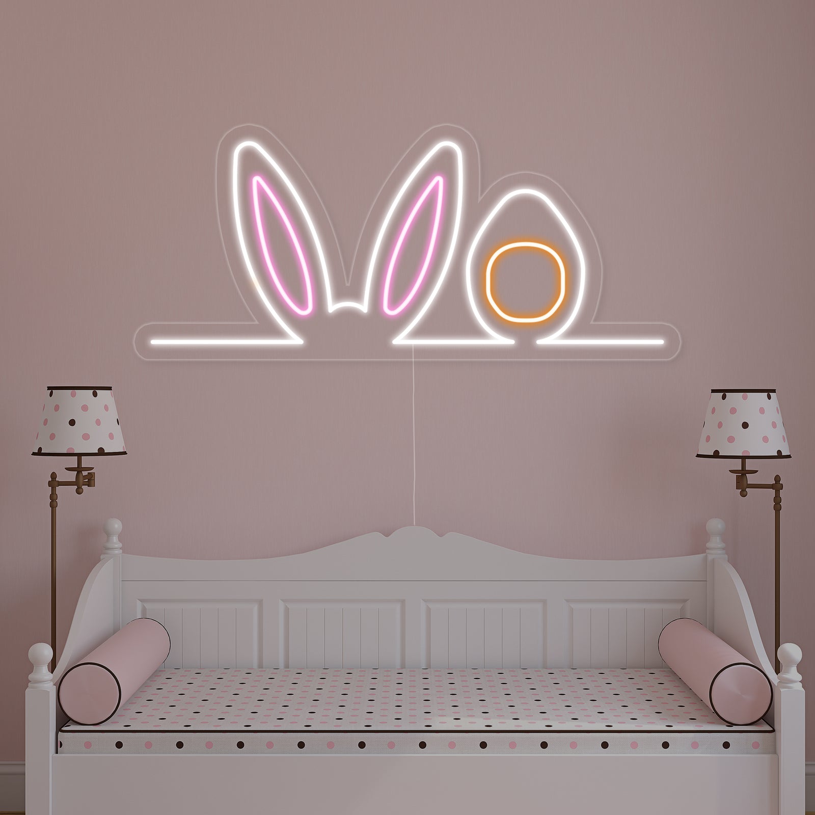 A glowing blue 'Easter Bunny Ears' neon sign on a clear acrylic backing.