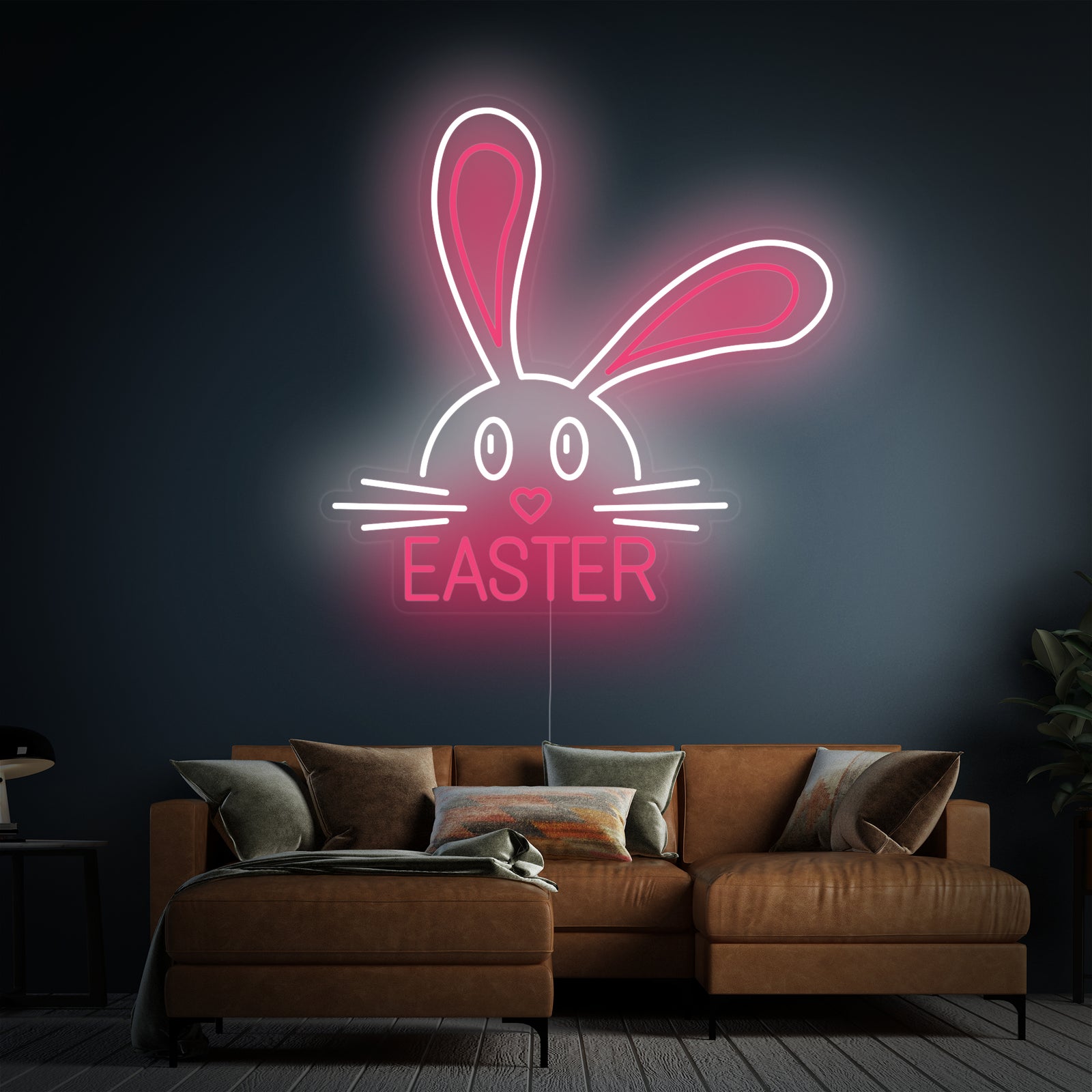 Easter Bunny Rabbit Animal neon sign illuminated, showing the glowing rabbit design.