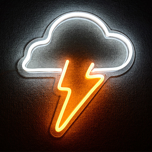 A neon wall decor sign showing a weather element symbol of a cloud with a lightning bolt flash, glowing brightly on a wall surface