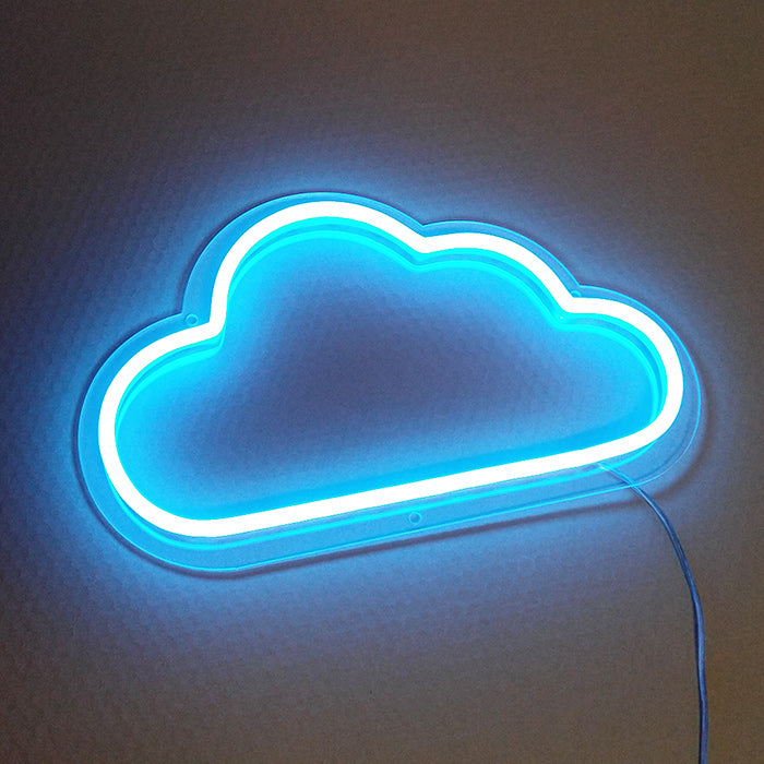 A vibrant white Element Symbol Cloud neon sign illuminated against a dark wall, showing its detailed glowing shape and clear backing.