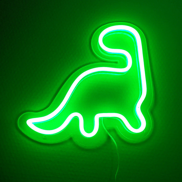 Colorful Brachiosaurus neon sign illuminating a wall, featuring glowing elements in its body.