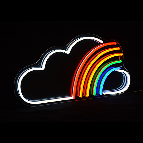 A custom neon wall sign depicting a stylized rain cloud with a specific element symbol dropping as a raindrop, glowing brightly against a dark background.