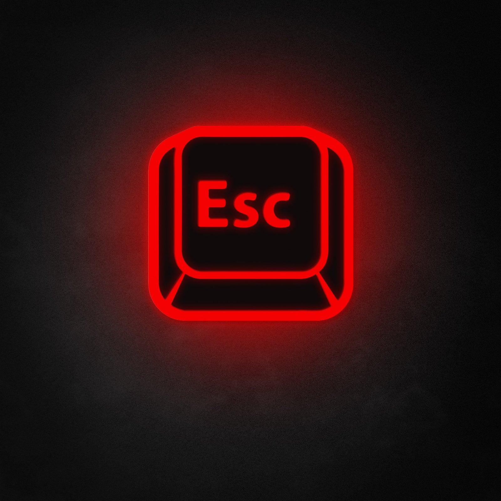 Escape key illuminated neon sign against a dark brick wall.