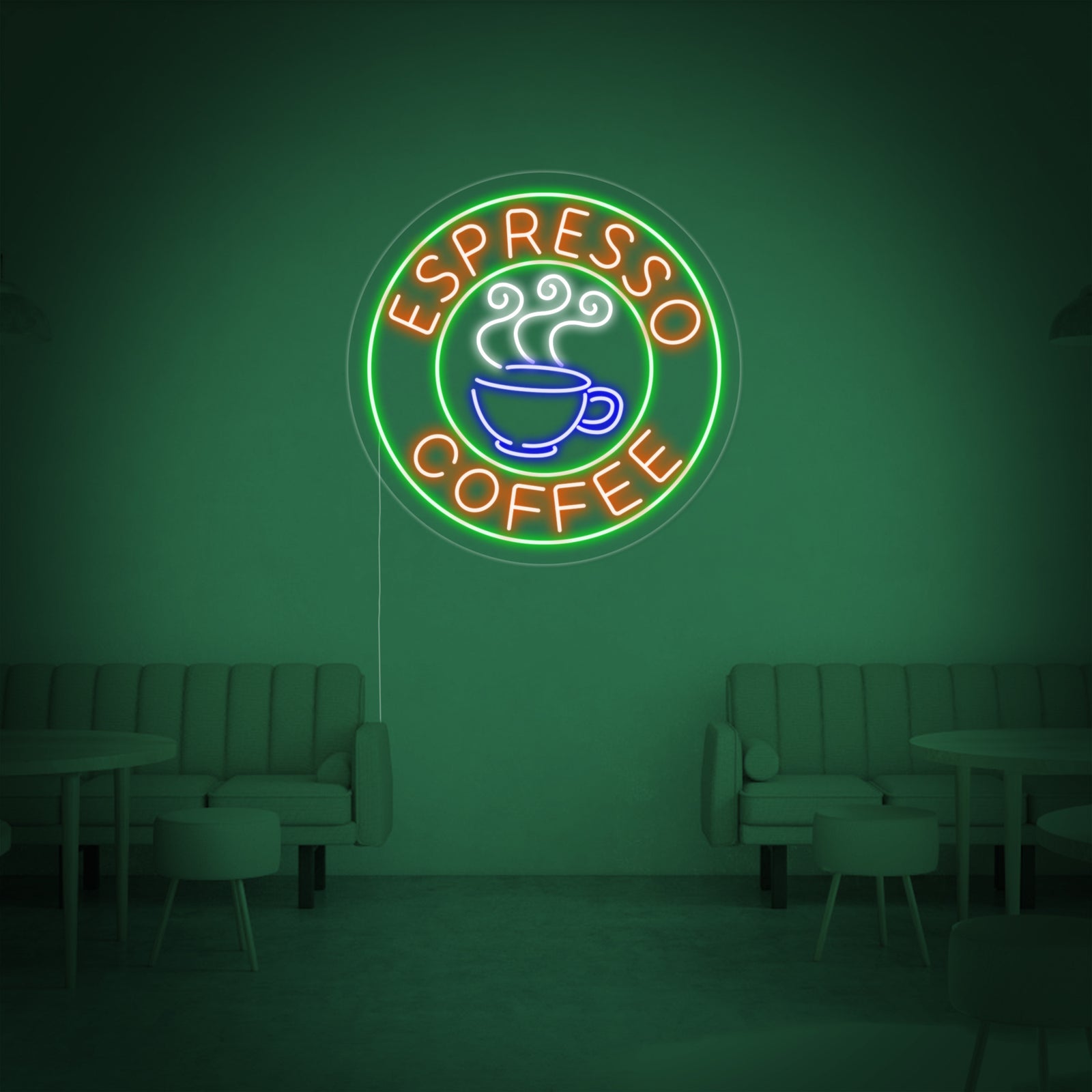 Close up of 'Espresso' neon sign with clear backing, unlit against a neutral background