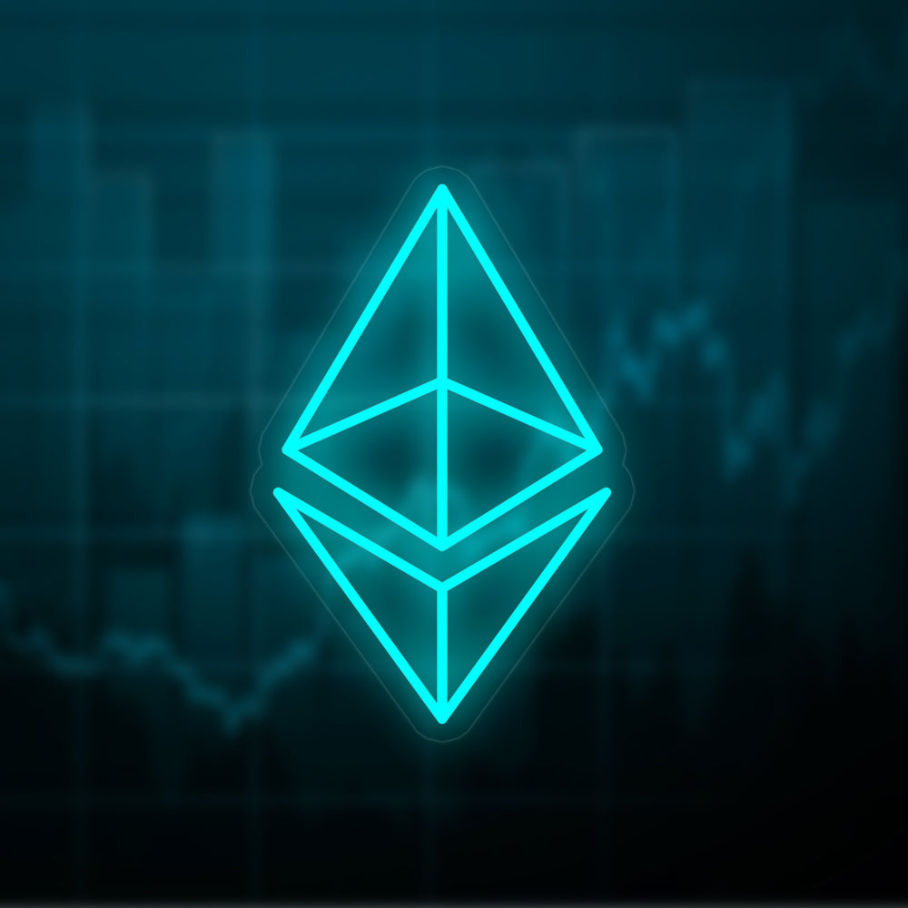 Flat graphic design illustration of an Ethereum ETH neon sign with a crypto price chart background
