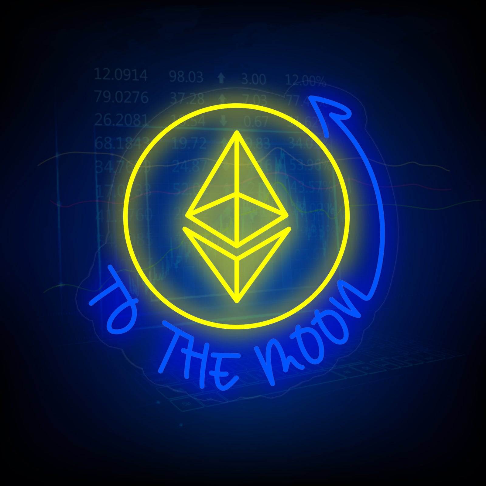 Ethereum to the Moon neon sign displaying a blue rocket and ETH logo glowing in a modern room setting.