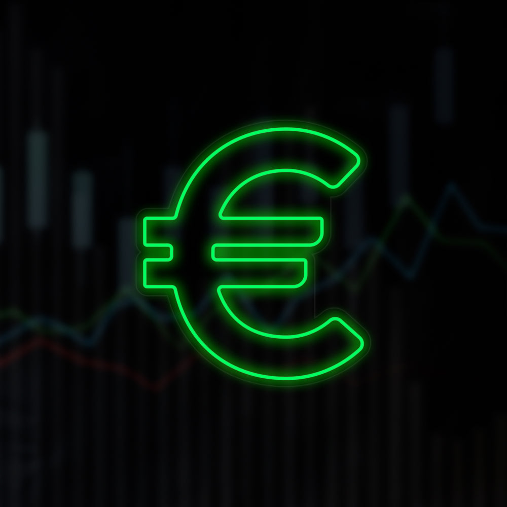 A flat graphic illustration of a luminous Euro symbol neon sign centered over a blurred background displaying financial stock charts and data.