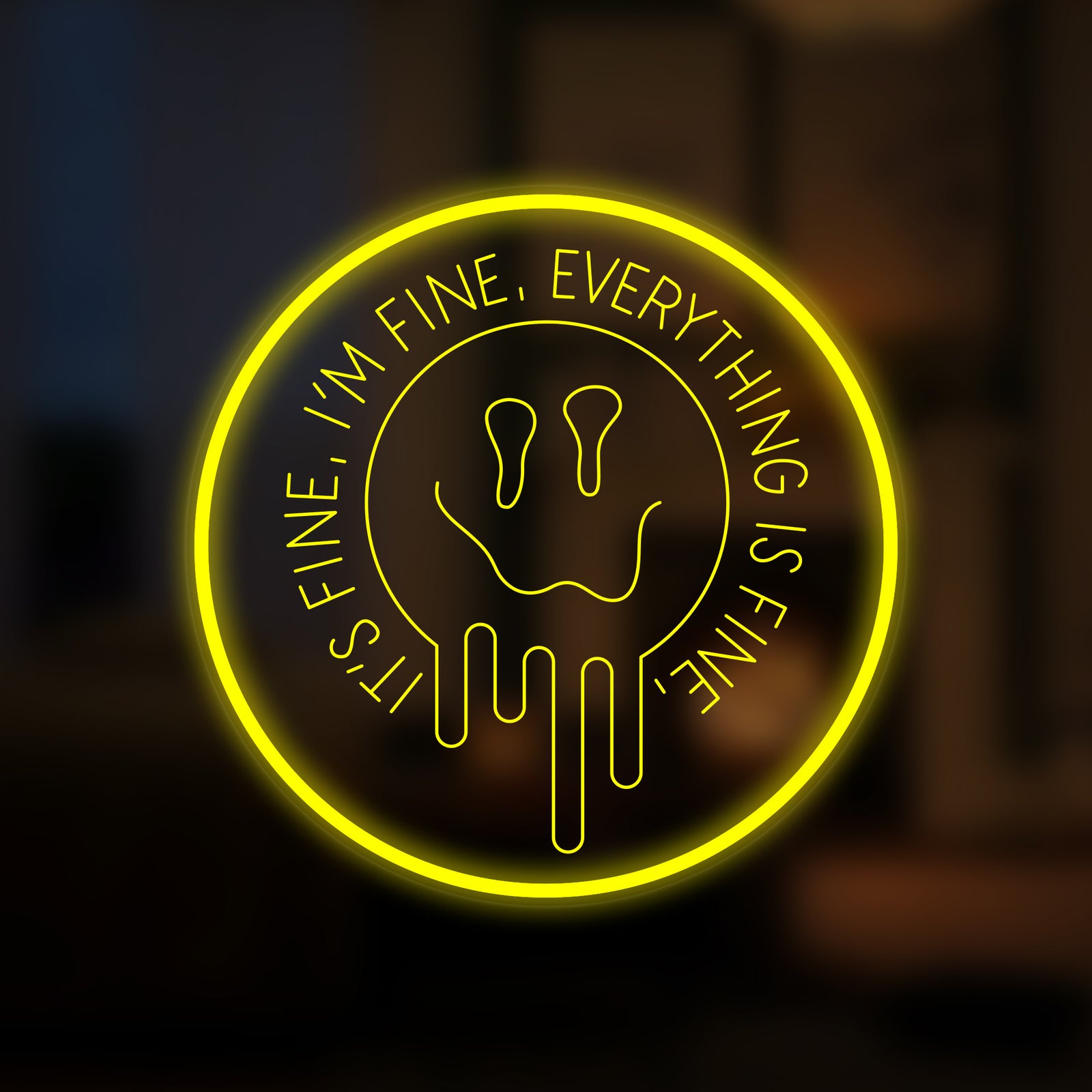 A glowing 'Everything is Fine Its Fine I'm Fine' mini neon sign mounted on a textured wall.