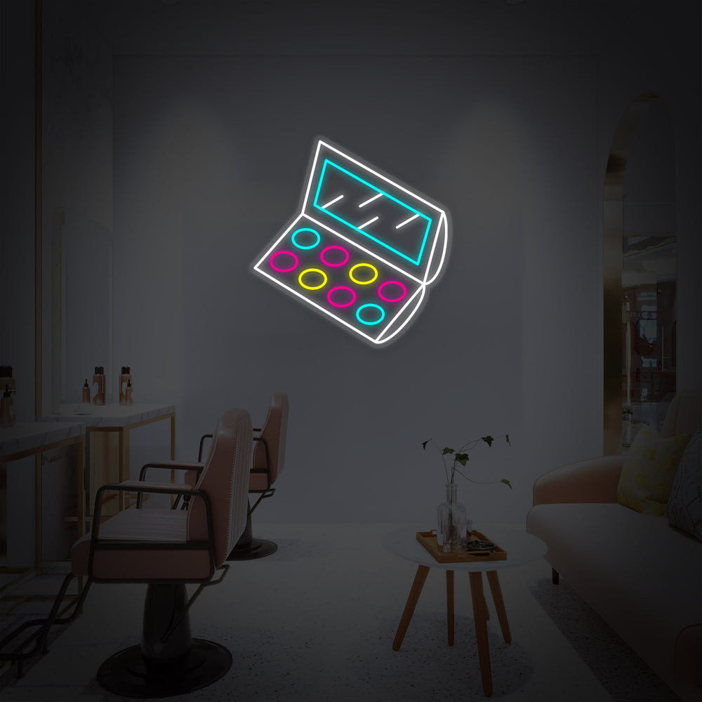 Detailed graphic illustration of an 'Eyeshadow Palette' neon sign design featuring geometric shapes and light.