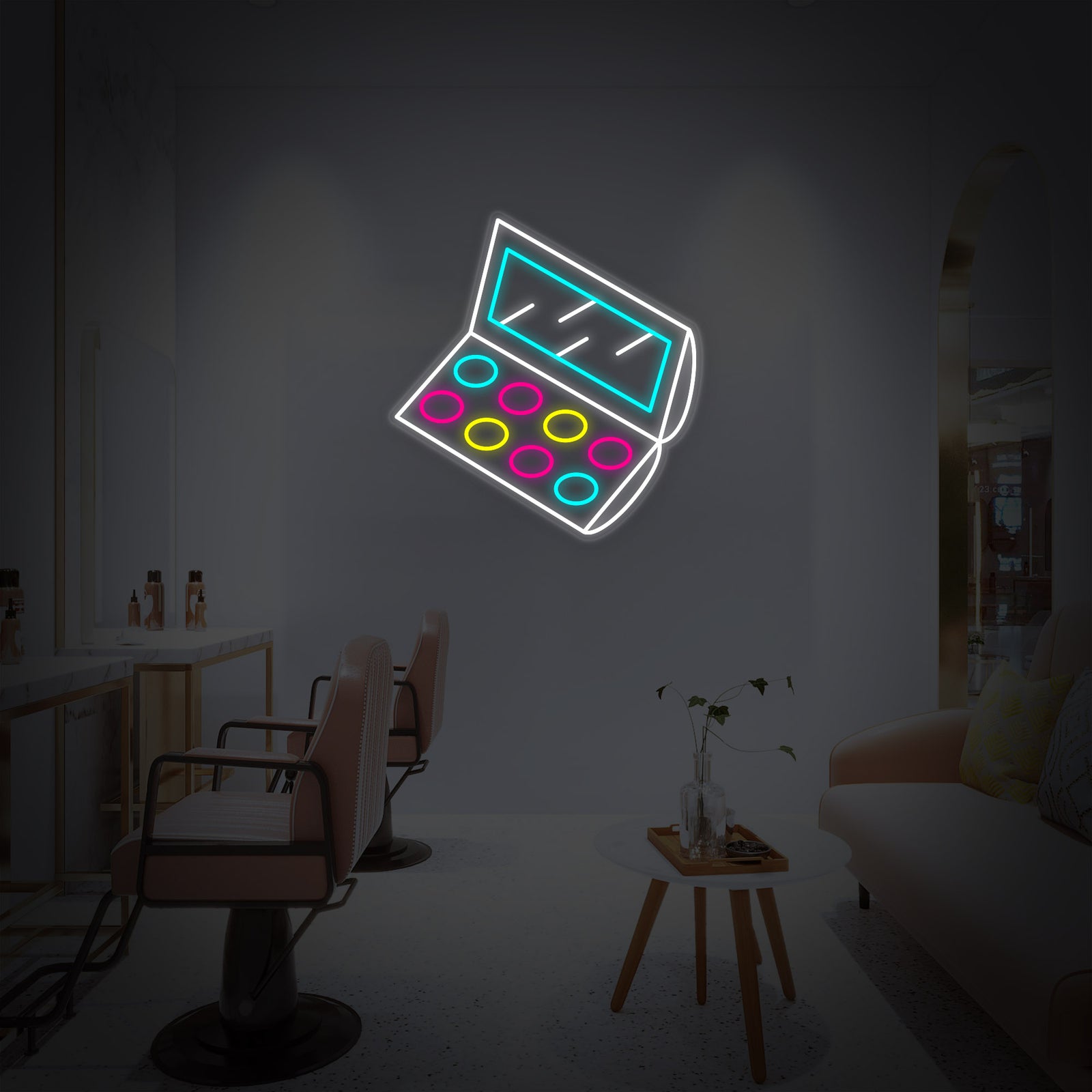 Detailed graphic illustration of an 'Eyeshadow Palette' neon sign design featuring geometric shapes and light.