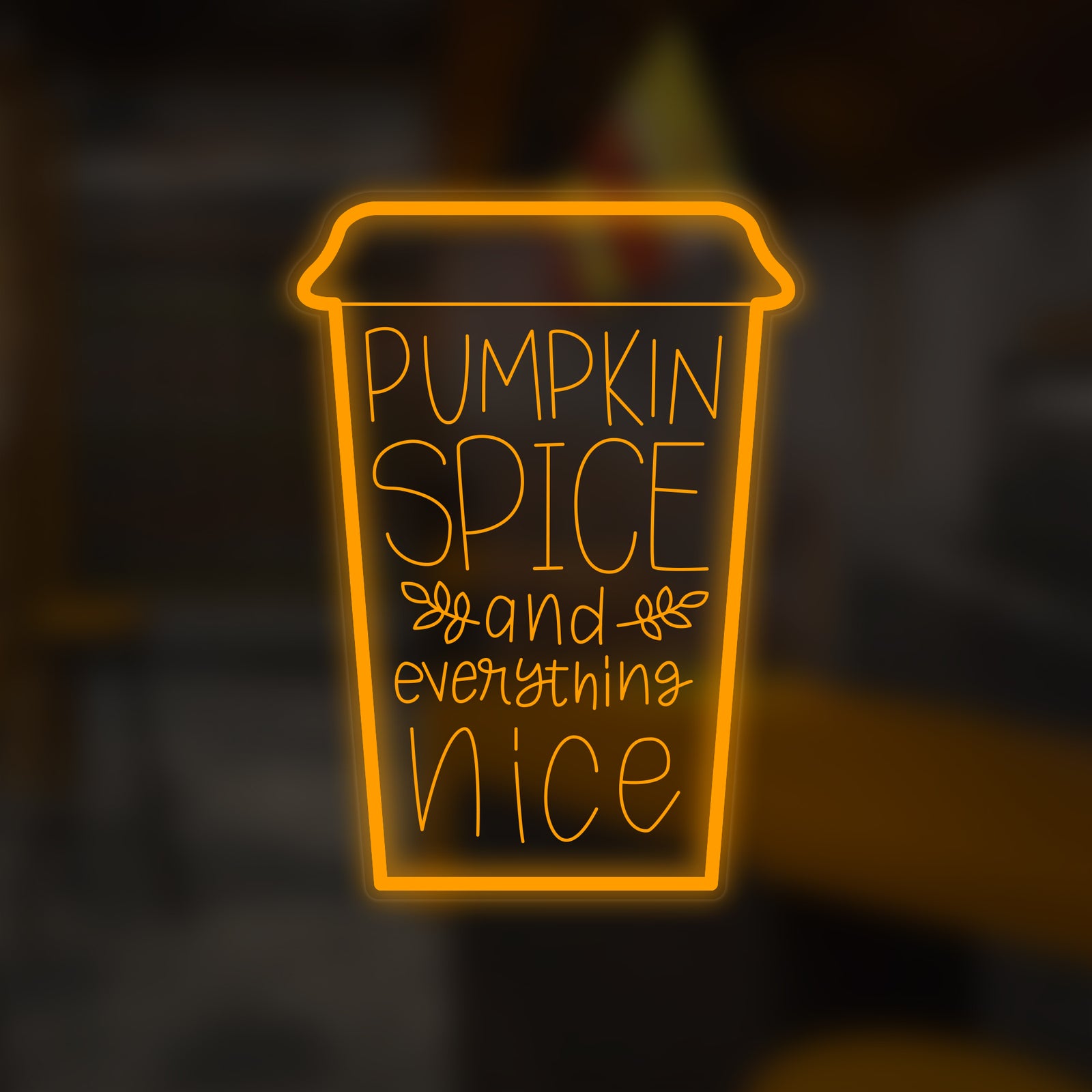 A clean graphic illustration of a glowing mini neon sign featuring a pumpkin outline and the words 'Fall Pumpkin Spice and Everything Nice' against a blurred, dark background.